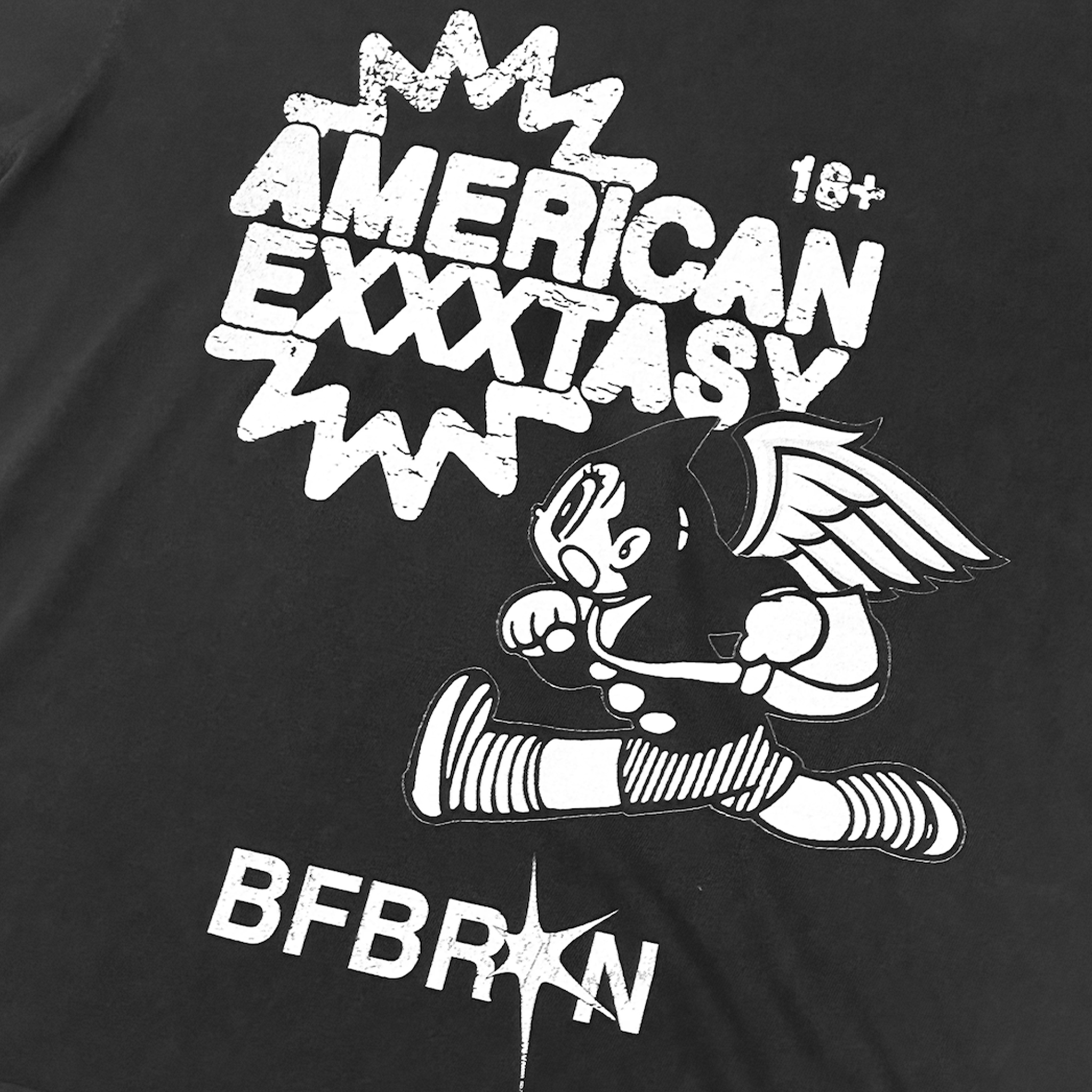 Black t-shirt with white graphic design featuring text and a character on a black background